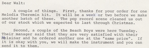A note from Bob Moog to Walter Sear, circa 1966, courtesy of Roger Luther - The Moog Archives